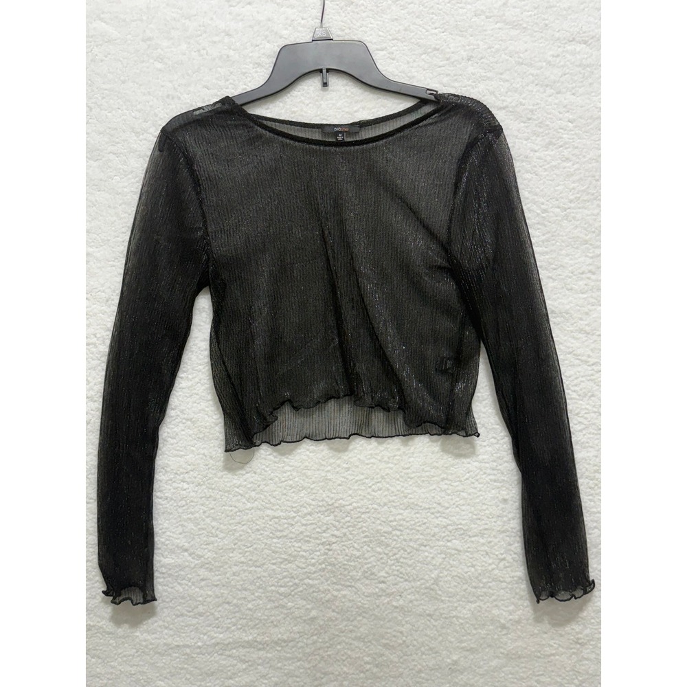 Blashe‎ Black Sheer Mesh Long Sleeve Crop Top Sexy Party Rave Festival M
